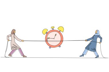 Single one line drawing two Arabian businesswomen fighting over an alarm clock. The battle to get work done before the deadline. Eliminates rioters. Fight. Continuous line design graphic illustration