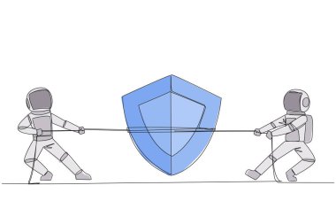 Single one line drawing two astronauts fighting over shield. Fierce battles in the race provide best protection for starships. Getting ready for expedition. Continuous line design graphic illustration