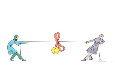 Single continuous line drawing two ambitious Arabian businesswomen fighting for a medal award. Fierce battle to become the most credible entrepreneur. Achievements. One line design vector illustration