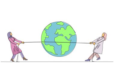 Continuous one line drawing two Arabian businesswomen fighting over globe. Fierce fight for territory. Build a business empire. Get the profit. Work smart. Single line draw design vector illustration