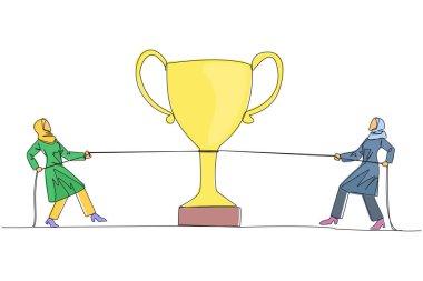 Single one line drawing two Arabian businesswomen fighting for the trophy. Fighting against the hypocritical colleague. Against betrayal. Versus. Greedy. Continuous line design graphic illustration