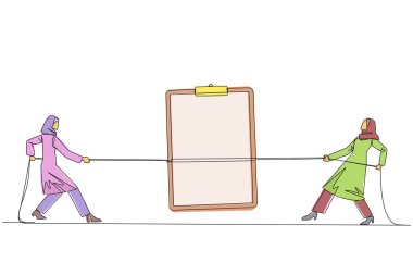 Single continuous line drawing two Arabian businesswomen fighting over a clipboard. Fight for tool that make work easier. Detailing data on profitable clients. One line design vector illustration