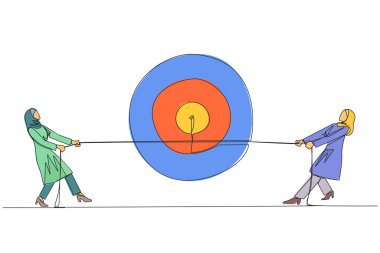 Continuous one line drawing two Arabian businesswomen fighting over arrow target board. Fight to get the desired focus. Struggle to achieve maximum targets. Single line draw design vector illustration