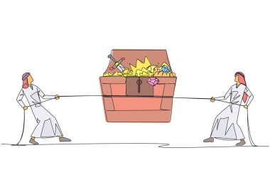 Single one line drawing two Arabian businessmen fight over an open treasure chest. Battle over finding treasure. Everything is done to have it. Greedy. Continuous line design graphic illustration