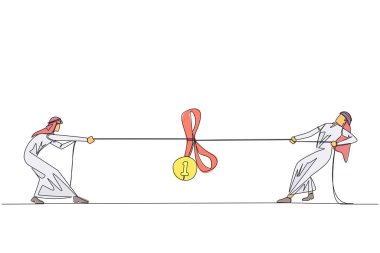 Single one line drawing two Arabian businessmen fighting for a medal award. Fight to be number one. Become the most successful entrepreneur. Achievements. Continuous line design graphic illustration