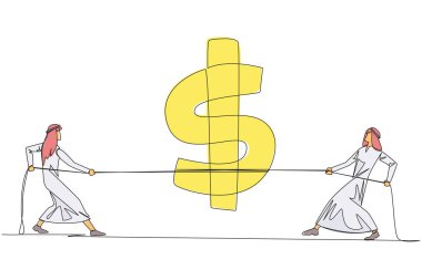 Single continuous line drawing two Arabian businessmen fighting over dollar symbol. The struggle to balance the financial balance. Try not to lose or bankrupt. One line design vector illustration