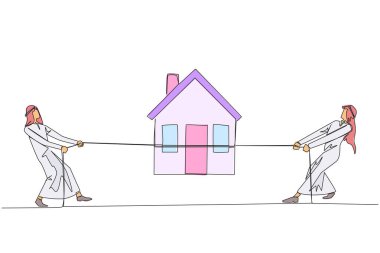 Continuous one line drawing two Arabian businessmen fight over a miniature house. The struggle to achieve dream home. Investment that won't make a loss. Single line draw design vector illustration