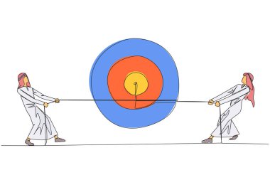 Single continuous line drawing two Arabian businessmen fighting over an arrow target board. Struggle to achieve satisfying goals. Benefits for the company. Rewards. One line design vector illustration