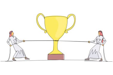 Single one line drawing two Arabian businessmen fighting for the trophy. Fighting against the hypocritical coworkers. Want to control everything. Greedy. Continuous line design graphic illustration