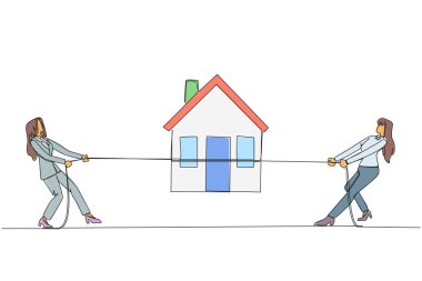 Continuous one line drawing two businesswomen fight over miniature house. Compete to get decent life in retirement. The most comfortable place. Investment. Single line draw design vector illustration