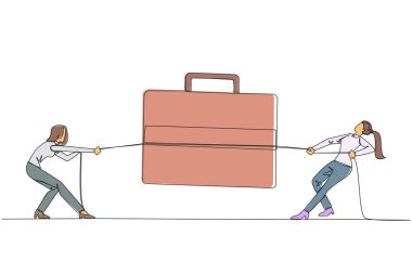 Single one line drawing two businesswomen fighting over briefcase. Competing to gain trust to expand the business overseas. Want to achieve maximum profits. Continuous line design graphic illustration