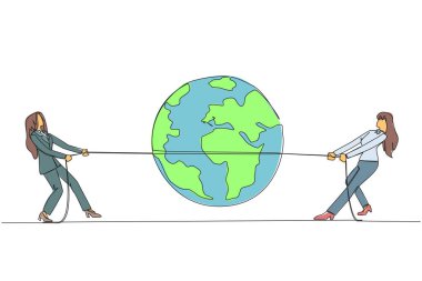 Continuous one line drawing two businesswomen fighting over globe. Fighting over strategic locations. The fighting to open new business branch. Profitable. Single line draw design vector illustration
