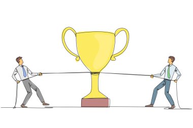 Single continuous line drawing two businessmen fighting for a trophy. Strive to be a winner. Always get satisfactory business results. A very appreciated business. One line design vector illustration