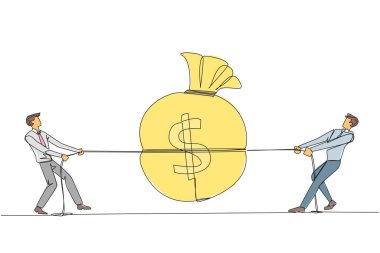 Single one line drawing two businessmen fighting over a money bag. Competition for big money. Greed of entrepreneurs. Break the rules for profit. Unethical. Continuous line design graphic illustration