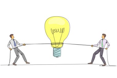 Single one line drawing two businessmen fighting over a lightbulb. Compete to find solutions to problems faced by company. Lack of unity. Partnership split. Continuous line design graphic illustration