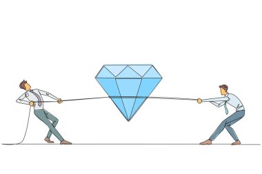 Single continuous line drawing two businessmen fighting over diamond. Compete to get the most expensive jewelry. Business gift for anyone who reaches the target. One line design vector illustration