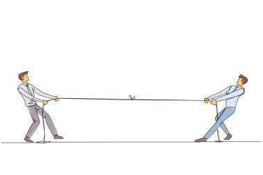 Single one line drawing two businessmen pulling each other's rope. Light exercise relieves the fatigue of daily routine. Eliminate business stress together. Continuous line design graphic illustration