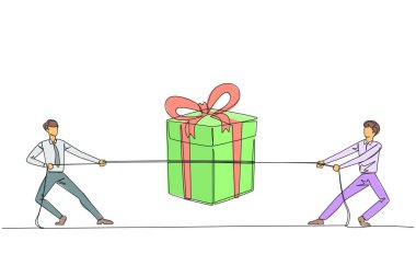 Single continuous line drawing two businessmen fighting over a gift box. Trying to get each other bonuses. Bonus in the form of items neatly wrapped with ribbon. One line design vector illustration