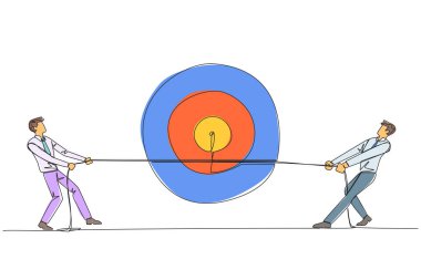 Continuous one line drawing two businessmen fighting over an arrow target board. Trying get the best focus. Achieve rapid business progress. The best boss. Single line draw design vector illustration