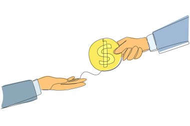 Single continuous line drawing a hand gives a coin with a dollar symbol to colleague. Pay for something. Haggle over price. Agree on the lowest price. Change money. One line design vector illustration