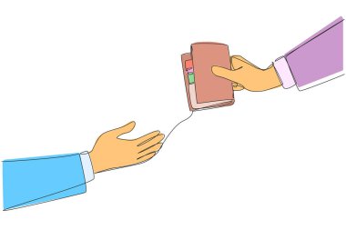 Continuous one line drawing a hand passes a wallet to colleague. Full trust is given. Manage finances well. Reach the maximum limit of business profits. Single line draw design vector illustration