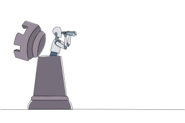 Continuous one line drawing a robot emerges from the rook chess pieces looking for something with binoculars. Scan. Analyzing strategy. Execute the mission. Single line draw design vector illustration