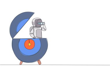 Continuous one line drawing astronaut emerges from arrow target board look for something with binocular. Invite to focus on observation to quickly return to earth. Single line draw vector illustration