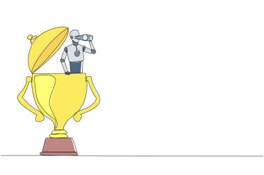 Single continuous line drawing a robot emerges from trophy looking for something through binoculars. Scan. Analyze strengths of business rival. Become winner again. One line design vector illustration