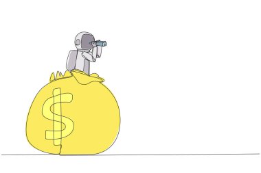 Single continuous line drawing young astronaut emerges from money bag looking for something through binoculars. Collecting funds again for the next expedition. One line design vector illustration