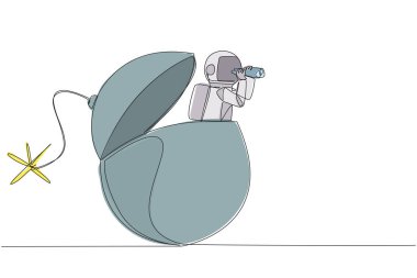 Single one line drawing astronaut emerges from bomb with burning fuse looking for something through binoculars. The expedition deadline will arrive soon. Continuous line design graphic illustration
