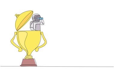 Single one line drawing astronaut emerges from trophy looking for something with binoculars. Looks for other awards can be obtained when returning to earth. Continuous line design graphic illustration
