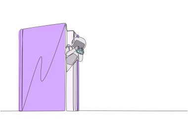 Single continuous line drawing astronaut emerges from old book looking for something with binocular. Read a book on the history of the first expedition to the moon. One line design vector illustration