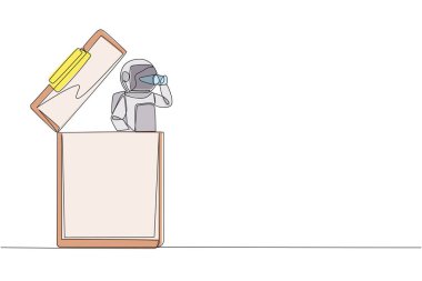 Single continuous line drawing astronaut emerges from clipboard looking for something through binoculars. List expedition needs. Create reports for research. One line design vector illustration