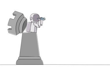 Single continuous line drawing astronaut emerges from a chess piece rook looking for something through binoculars. Gather plans so that perfect during expedition. One line design vector illustration