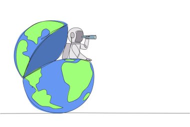 Continuous one line drawing astronaut emerges from globe look for something with binoculars. Highlight where the expedition located. Preparation from earth. Single line draw design vector illustration