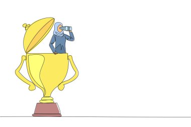 Single one line drawing Arab businesswoman emerges from trophy looking for something through binoculars. Get ready to win the many rewards that await. Continuous line design graphic illustration