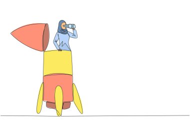 Continuous one line drawing Arabian businesswoman emerges from the tip of rocket looking for something with binoculars. Work smart for high company profit. Single line draw design vector illustration