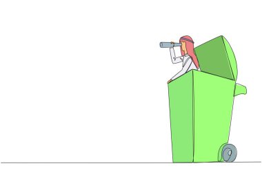 Continuous one line drawing Arabian businessman pops out of a wheeled bin looking for something through binoculars. Environmental care. Keep it green. Single line draw design vector illustration