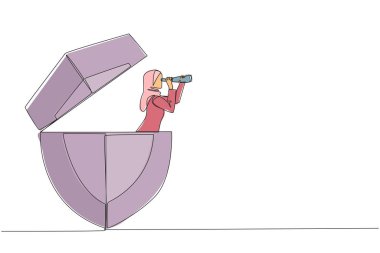Single continuous line drawing Arab businesswoman emerges from shield look for something with binoculars. Combining knowledge and experience for data protection. One line design vector illustration