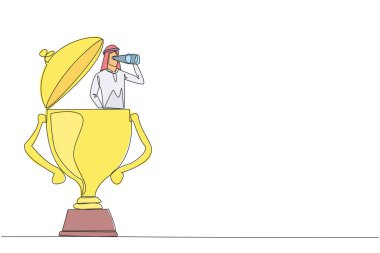 Continuous one line drawing Arabian businessman appears out of trophy looking for something through binoculars. Winner. Undoubted business success. Single line draw design vector illustration