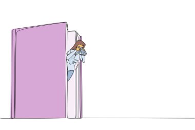 Single one line drawing businesswoman coming out of old book holding binocular. Find out the history of company's founding. Cultivate a sense of curiosity. Continuous line design graphic illustration