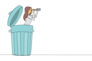 Continuous one line drawing businesswoman comes out of a trash can looking for something through binoculars. Not interested in backbiting. Throw gossip. Single line draw design vector illustration