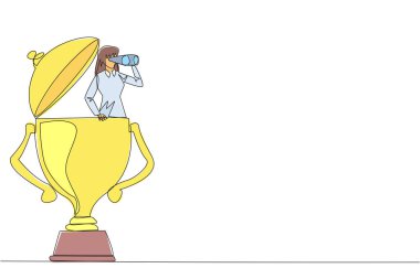 Single one line drawing businesswoman coming out of trophy looking for something through binoculars. Looks a way to get rewards to improve business career. Continuous line design graphic illustration