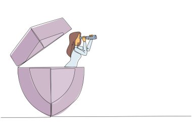 Continuous one line drawing businesswoman comes out of shield looking for something through binoculars. Looks for the best protection for the data server. Single line draw design vector illustration