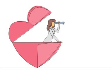 Continuous one line drawing businesswoman out of heart shape looks for something through binoculars. Looking for some people to do charity. Useful kindness. Single line draw design vector illustration