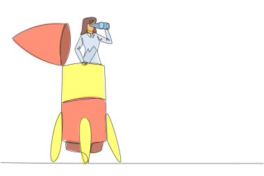 Continuous one line drawing businesswoman exits rocket looking for something through binoculars. Preparing business partners to open new business branches. Single line draw design vector illustration