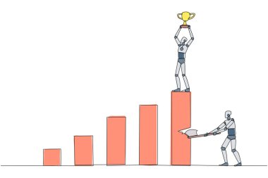 Single continuous line drawing smart robot achieves the highest honors. The hypocrite who doesn't like business partner's happiness. Thorn in the flesh. Traitor. One line design vector illustration