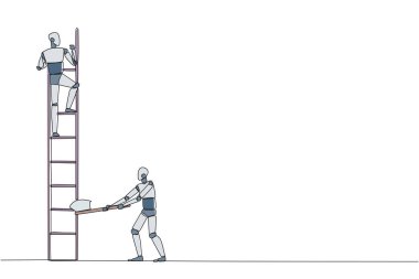 Single continuous line drawing smart robot climbs the ladder to achieve the expected reward. Destroyed silently. Business failed to develop. Destroyed by traitors. One line design vector illustration