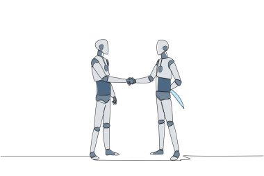 Single one line drawing two smart robots shaking hands. One of them holding a knife behind the back. Getting ready to stab. Must win at all costs. Traitor. Continuous line design graphic illustration