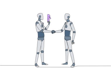 Single one line drawing the two robots shaking hands. One of them has two faces. Full of falsehood. Fake friend. Worst teamwork. Business betrayal. Traitor. Continuous line design graphic illustration